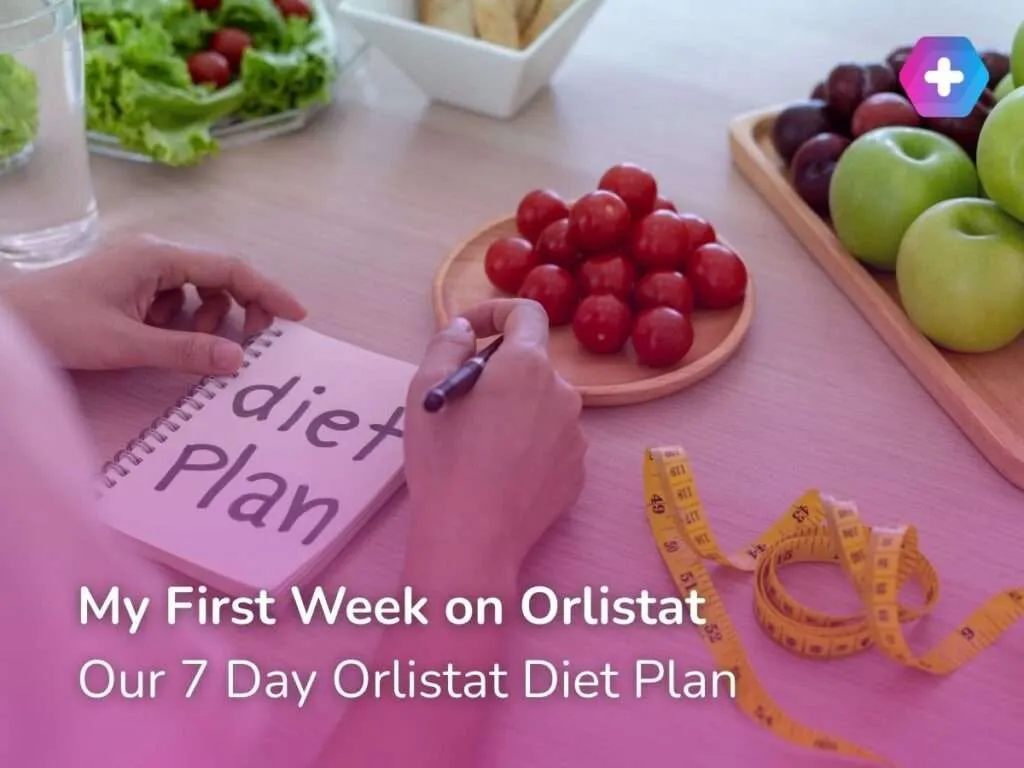 person writing diet plan on notepad surrounded by fruit and measuring tape